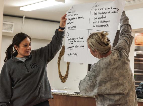 Rotan ISD district residents Heather Buccannen and Becca Stanley presented one of six group SWOT analyses during Tuesday's strategic planning meeting with school officials and district advisors.